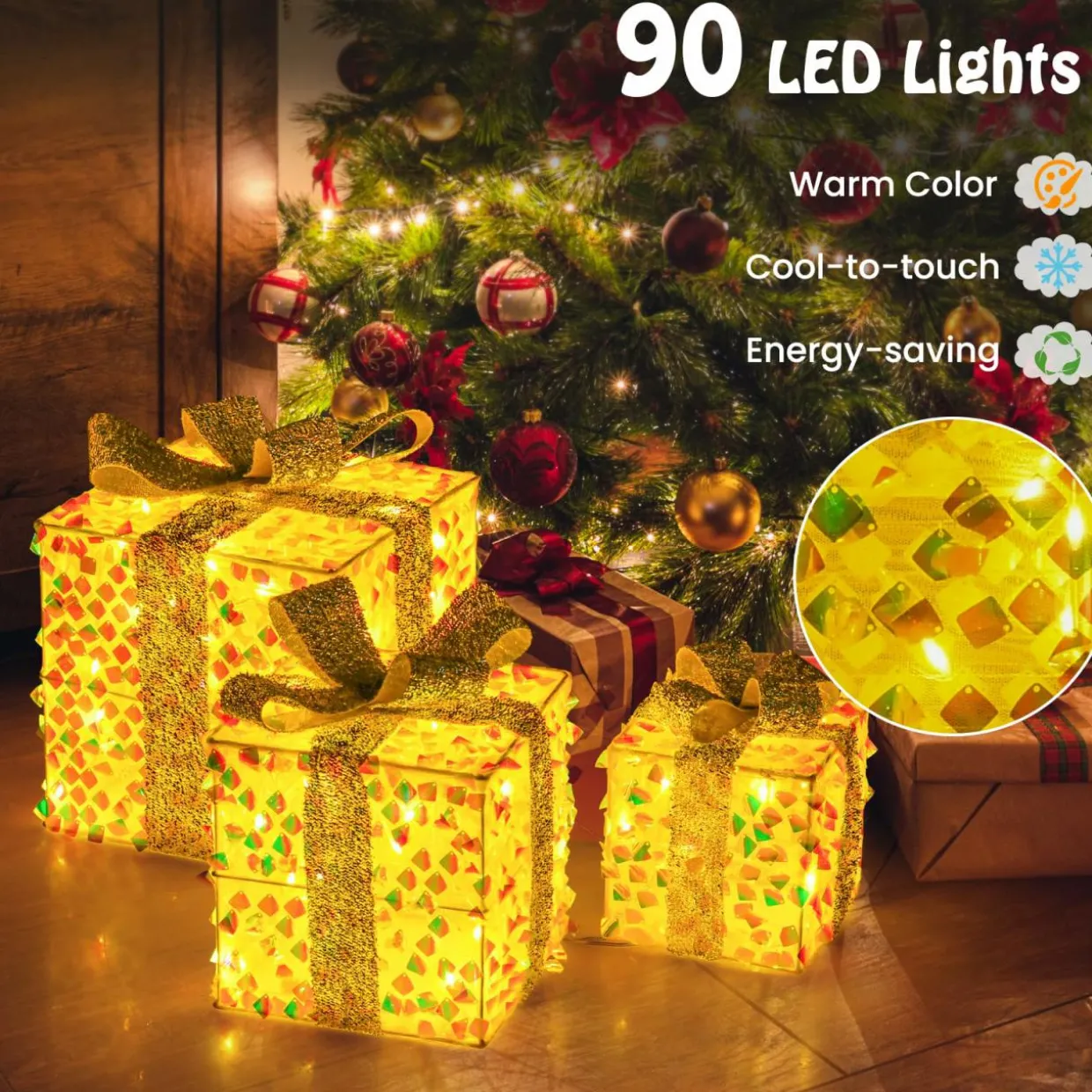 Tangkula Set of 3 Christmas Lighted Gift Boxes, Pre-lit 90 LED Light Up Present Box Decorations with Bows and Plug