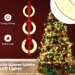 Tangkula Set of 3 Christmas Lighted Wreaths, Pre-Lit Metal Wreaths on Red Ribbon w/ 450 Warm White LED Lights & Bows