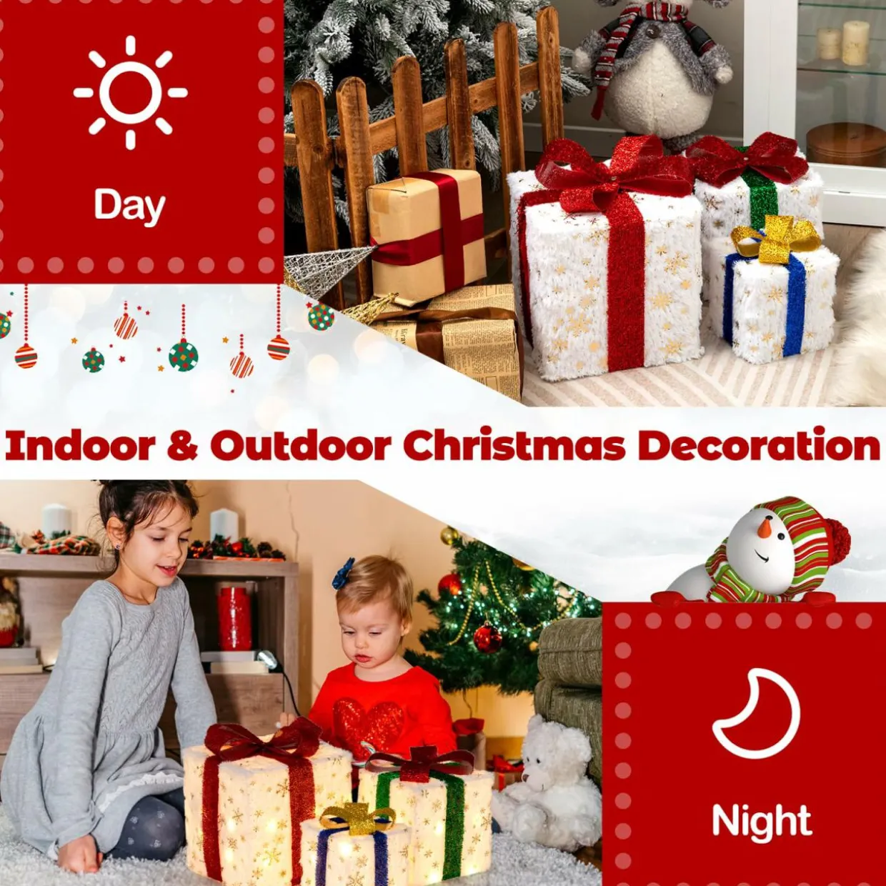 Tangkula Set of 3 Christmas Lighted Gift Boxes, Pre-lit Christmas Decoration with 48 Bright Warm Lights