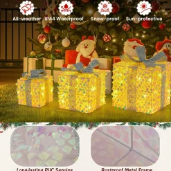 Tangkula Set of 3 Christmas Lighted Gift Boxes, Pre-lit 90 LED Light Up Present Box Decorations with Bows and Plug