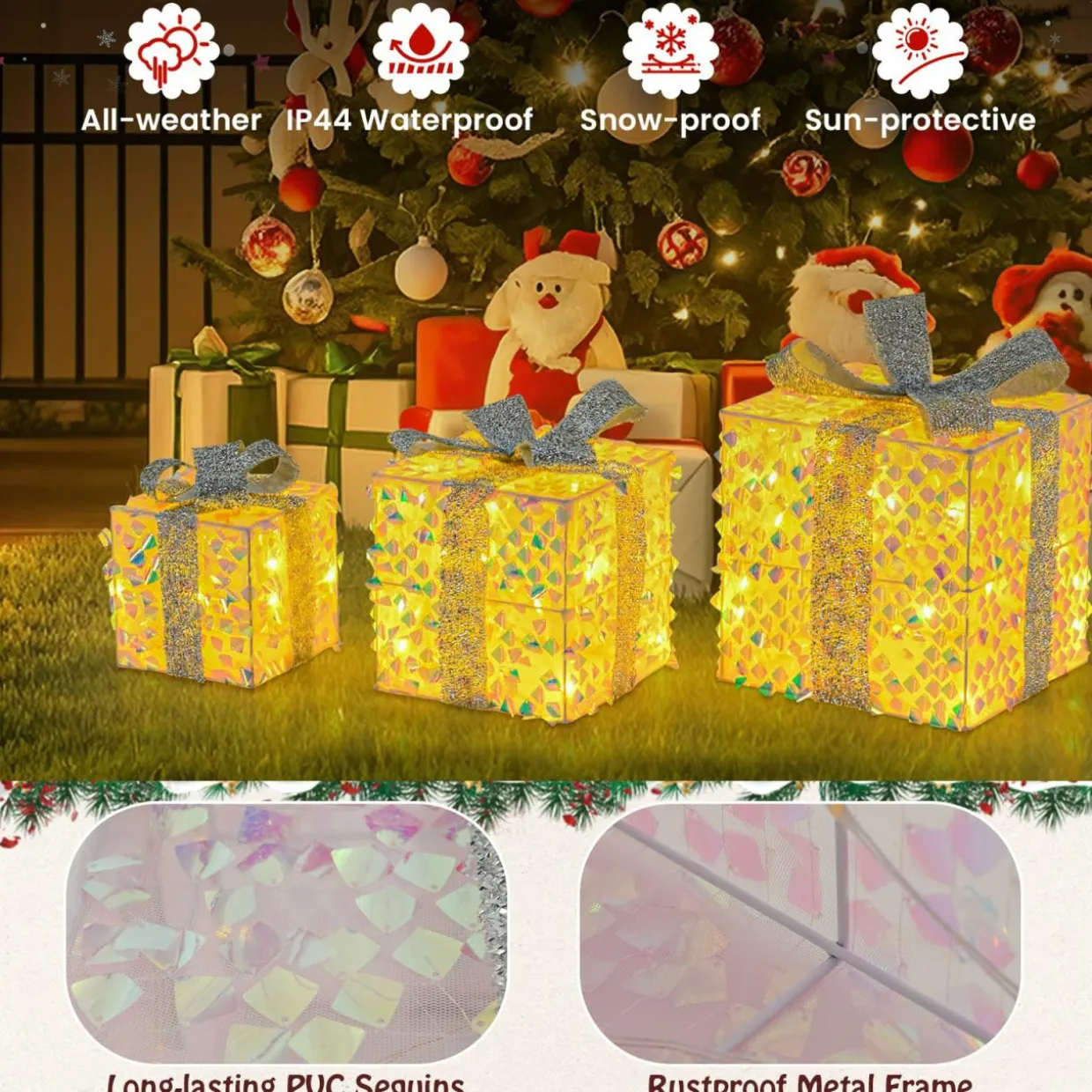 Tangkula Set of 3 Christmas Lighted Gift Boxes, Pre-lit 90 LED Light Up Present Box Decorations with Bows and Plug