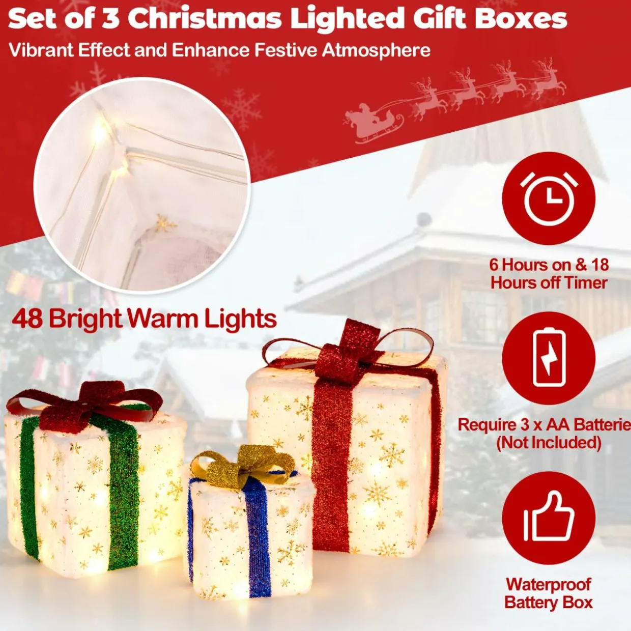 Tangkula Set of 3 Christmas Lighted Gift Boxes, Pre-lit Christmas Decoration with 48 Bright Warm Lights