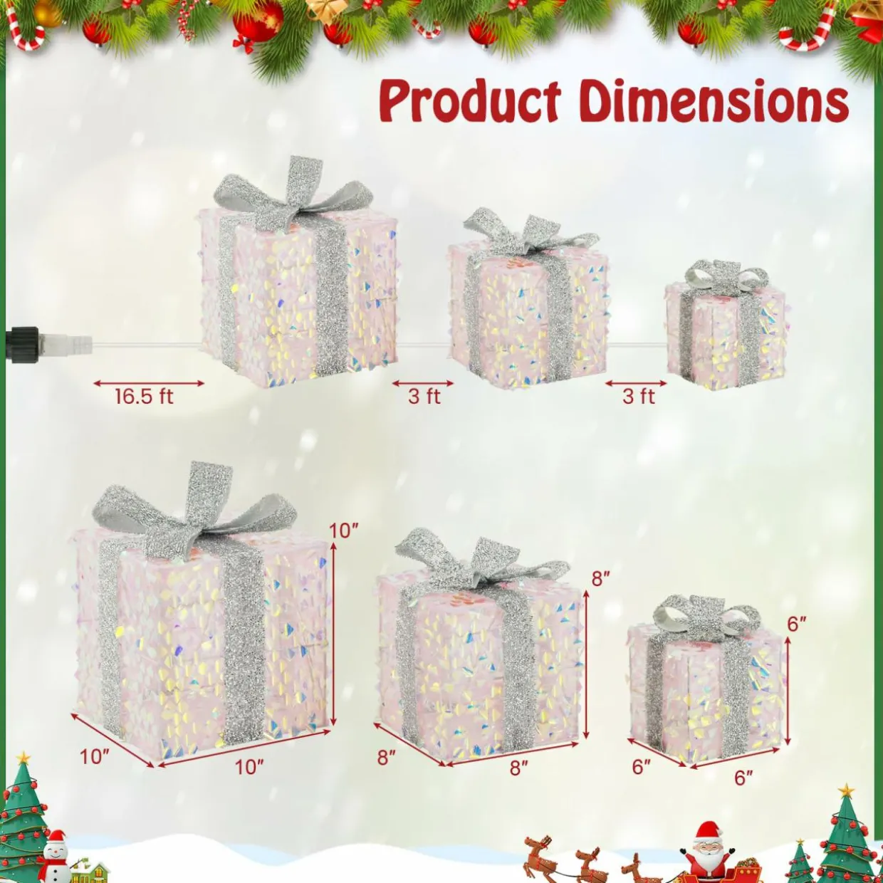 Tangkula Set of 3 Christmas Lighted Gift Boxes, Pre-lit 90 LED Light Up Present Box Decorations with Bows and Plug
