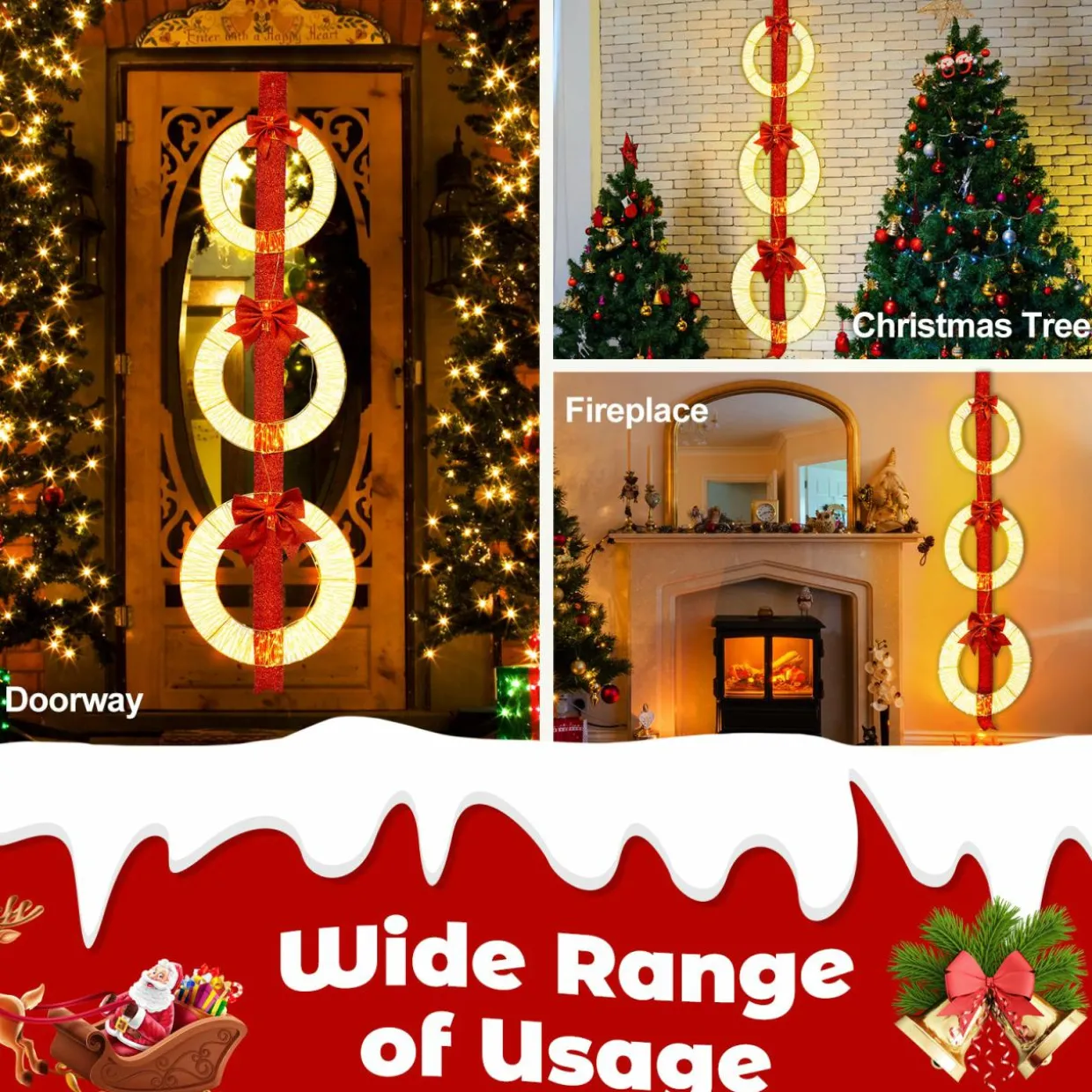 Tangkula Set of 3 Christmas Lighted Wreaths, Pre-Lit Metal Wreaths on Red Ribbon w/ 450 Warm White LED Lights & Bows