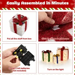 Tangkula Set of 3 Christmas Lighted Gift Boxes, Pre-lit Christmas Decoration with 48 Bright Warm Lights