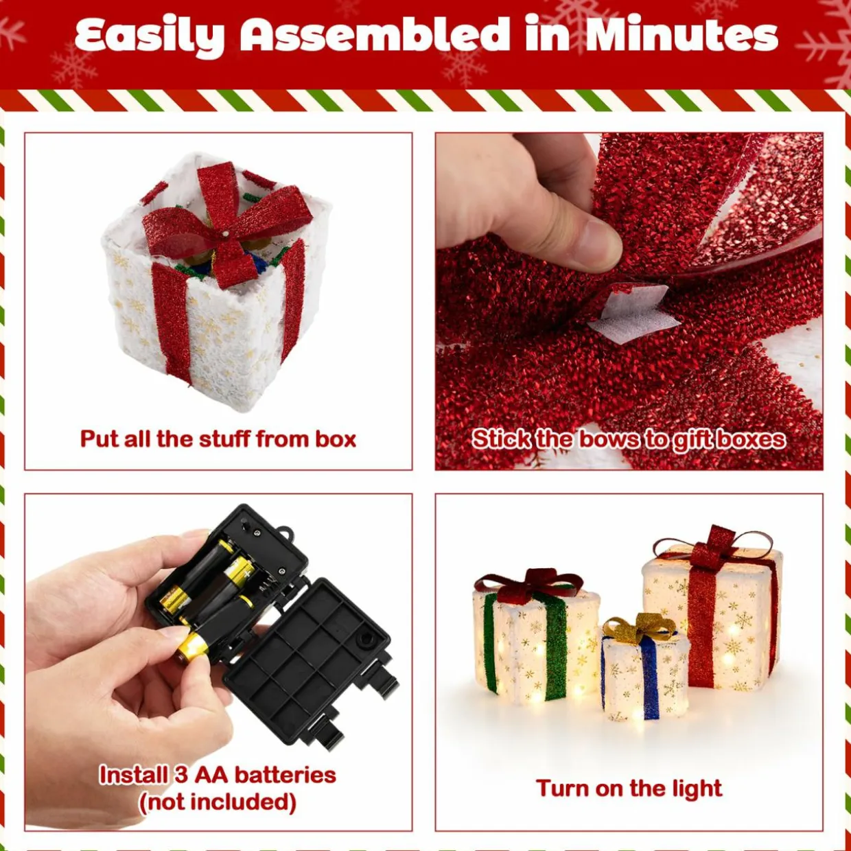 Tangkula Set of 3 Christmas Lighted Gift Boxes, Pre-lit Christmas Decoration with 48 Bright Warm Lights