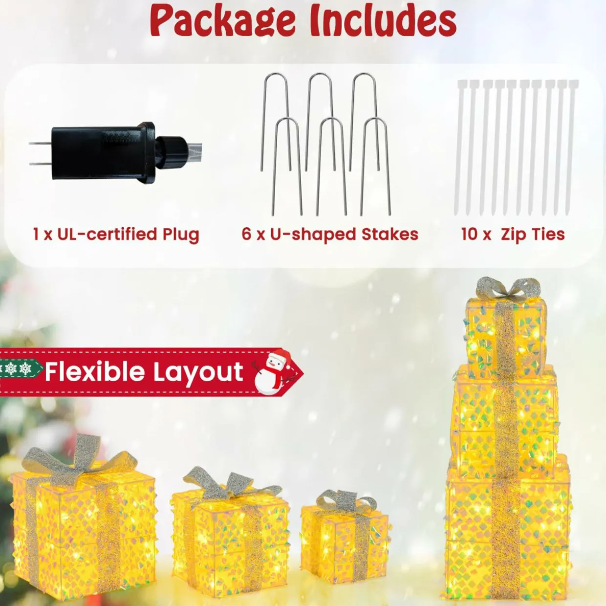 Tangkula Set of 3 Christmas Lighted Gift Boxes, Pre-lit 90 LED Light Up Present Box Decorations with Bows and Plug