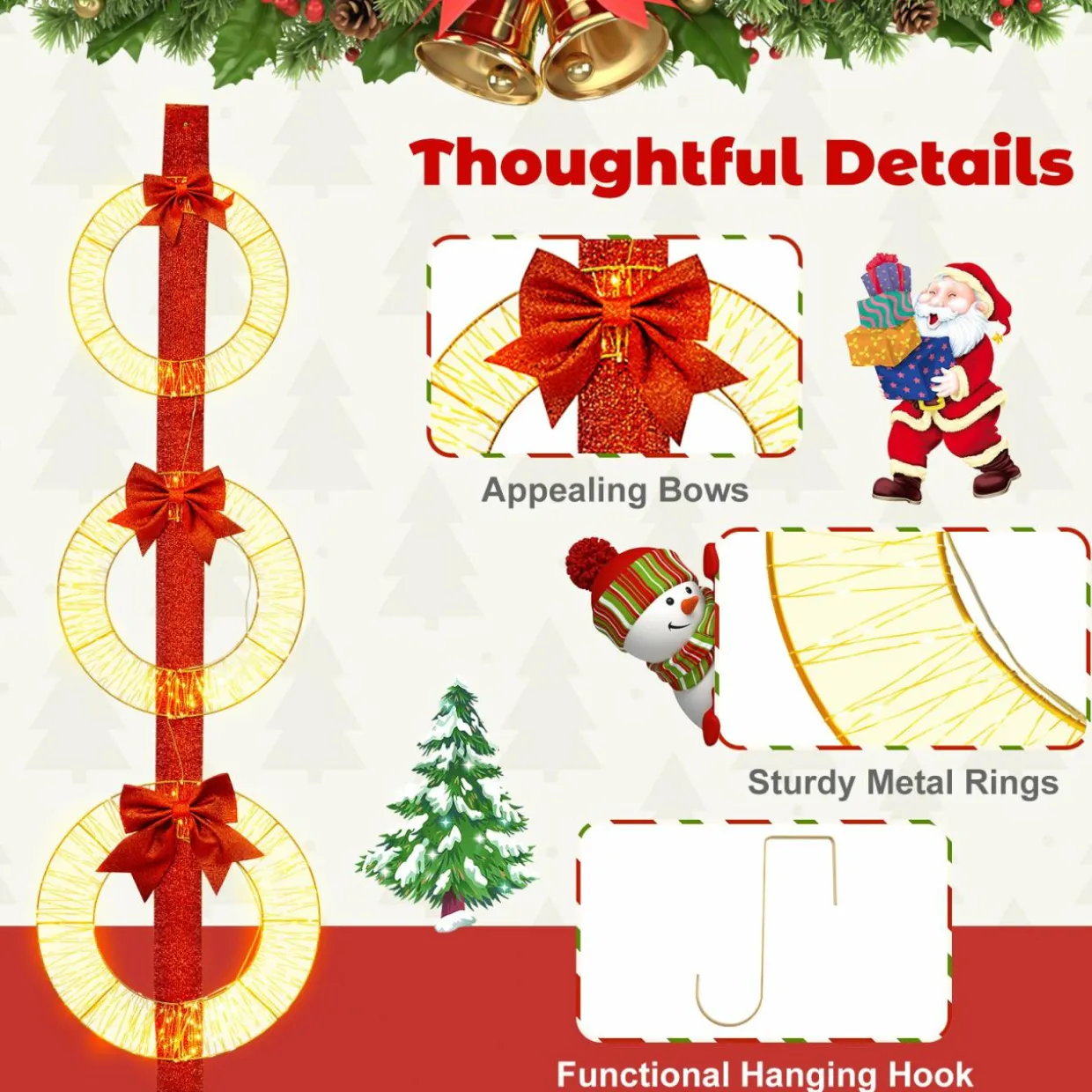 Tangkula Set of 3 Christmas Lighted Wreaths, Pre-Lit Metal Wreaths on Red Ribbon w/ 450 Warm White LED Lights & Bows