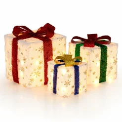 Tangkula Set of 3 Christmas Lighted Gift Boxes, Pre-lit Christmas Decoration with 48 Bright Warm Lights