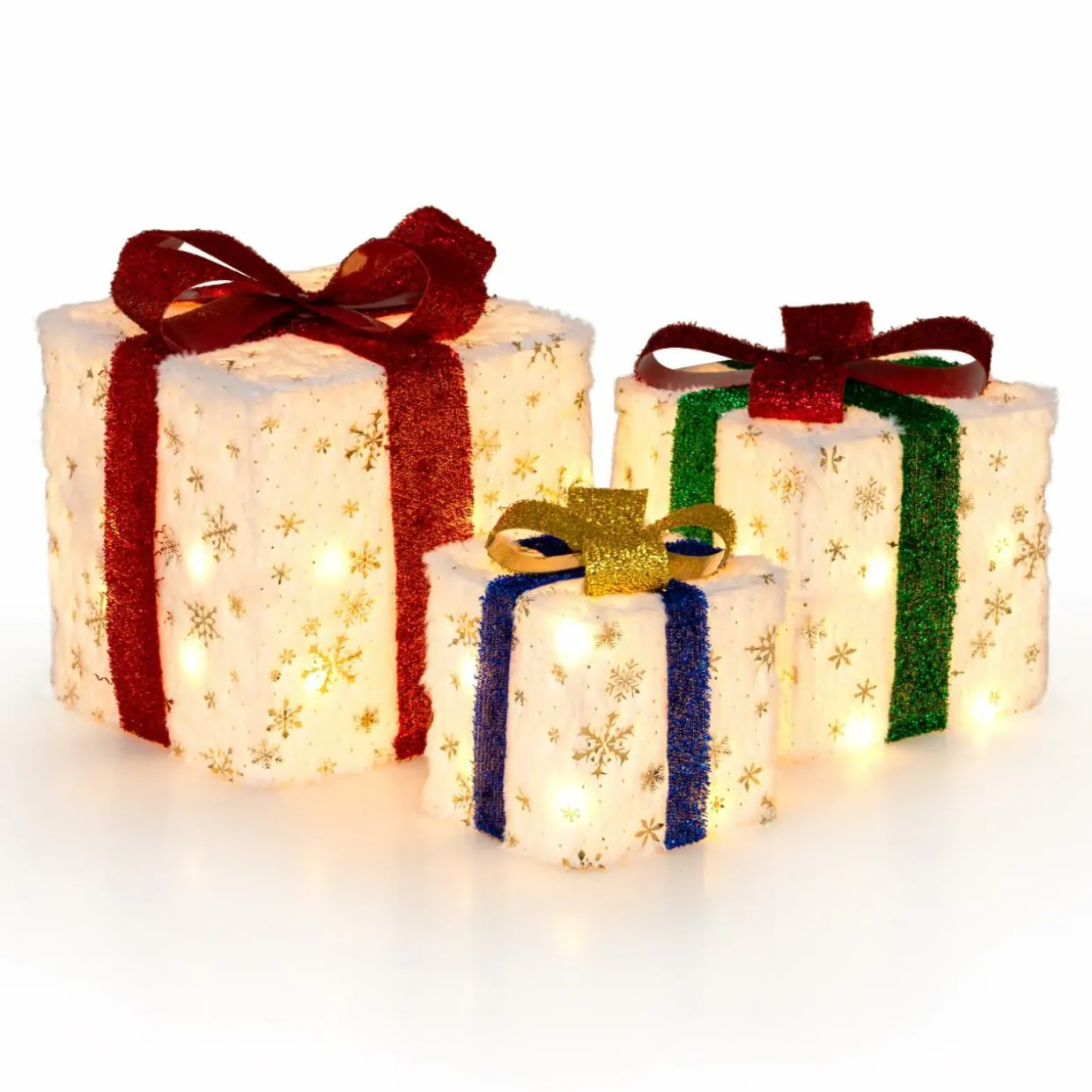 Tangkula Set of 3 Christmas Lighted Gift Boxes, Pre-lit Christmas Decoration with 48 Bright Warm Lights