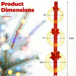Tangkula Set of 3 Christmas Lighted Wreaths, Pre-Lit Metal Wreaths on Red Ribbon w/ 450 Warm White LED Lights & Bows