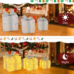 Tangkula Set of 3 Christmas Lighted Gift Boxes, Pre-lit 90 LED Light Up Present Box Decorations with Bows and Plug
