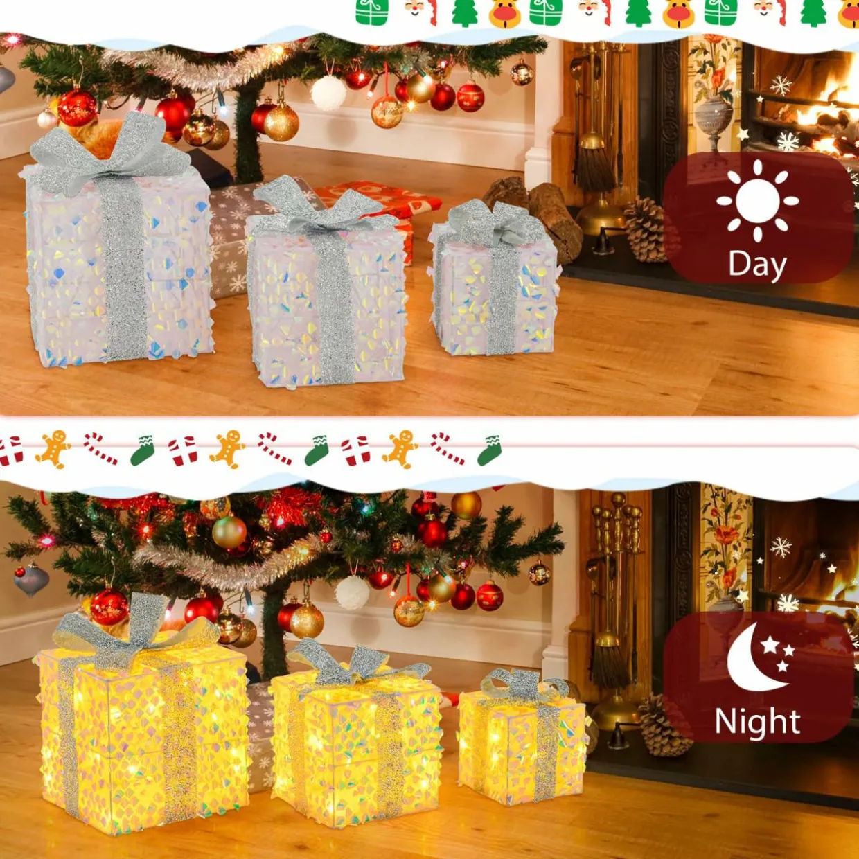 Tangkula Set of 3 Christmas Lighted Gift Boxes, Pre-lit 90 LED Light Up Present Box Decorations with Bows and Plug