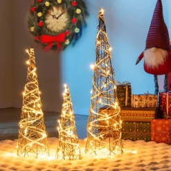 Tangkula Set of 3 Lighted Christmas Rattan Cone Trees, Holiday Decorative Trees with LED Lights and Metal Frame