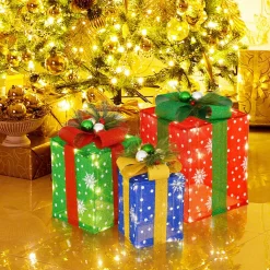 Tangkula Set of 3 Lighted Christmas Boxes Decoration, Lighted Present Boxes Set with Exquisite Boxes