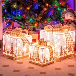 Tangkula Set of 3 Lighted Christmas Box, Pre-lit Present Boxes with 100 Warm White Lights