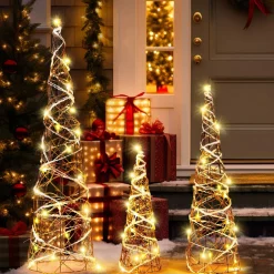 Tangkula Set of 3 Lighted Christmas Rattan Cone Trees, Holiday Decorative Trees with LED Lights and Metal Frame