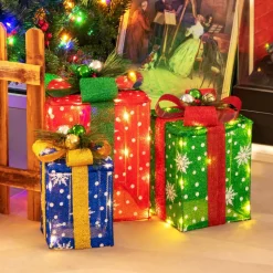 Tangkula Set of 3 Lighted Christmas Boxes Decoration, Lighted Present Boxes Set with Exquisite Boxes