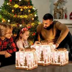 Tangkula Set of 3 Lighted Christmas Box, Pre-lit Present Boxes with 100 Warm White Lights