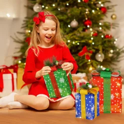 Tangkula Set of 3 Lighted Christmas Boxes Decoration, Lighted Present Boxes Set with Exquisite Boxes