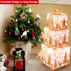 Tangkula Set of 3 Lighted Christmas Box, Pre-lit Present Boxes with 100 Warm White Lights