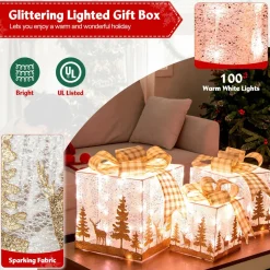 Tangkula Set of 3 Lighted Christmas Box, Pre-lit Present Boxes with 100 Warm White Lights