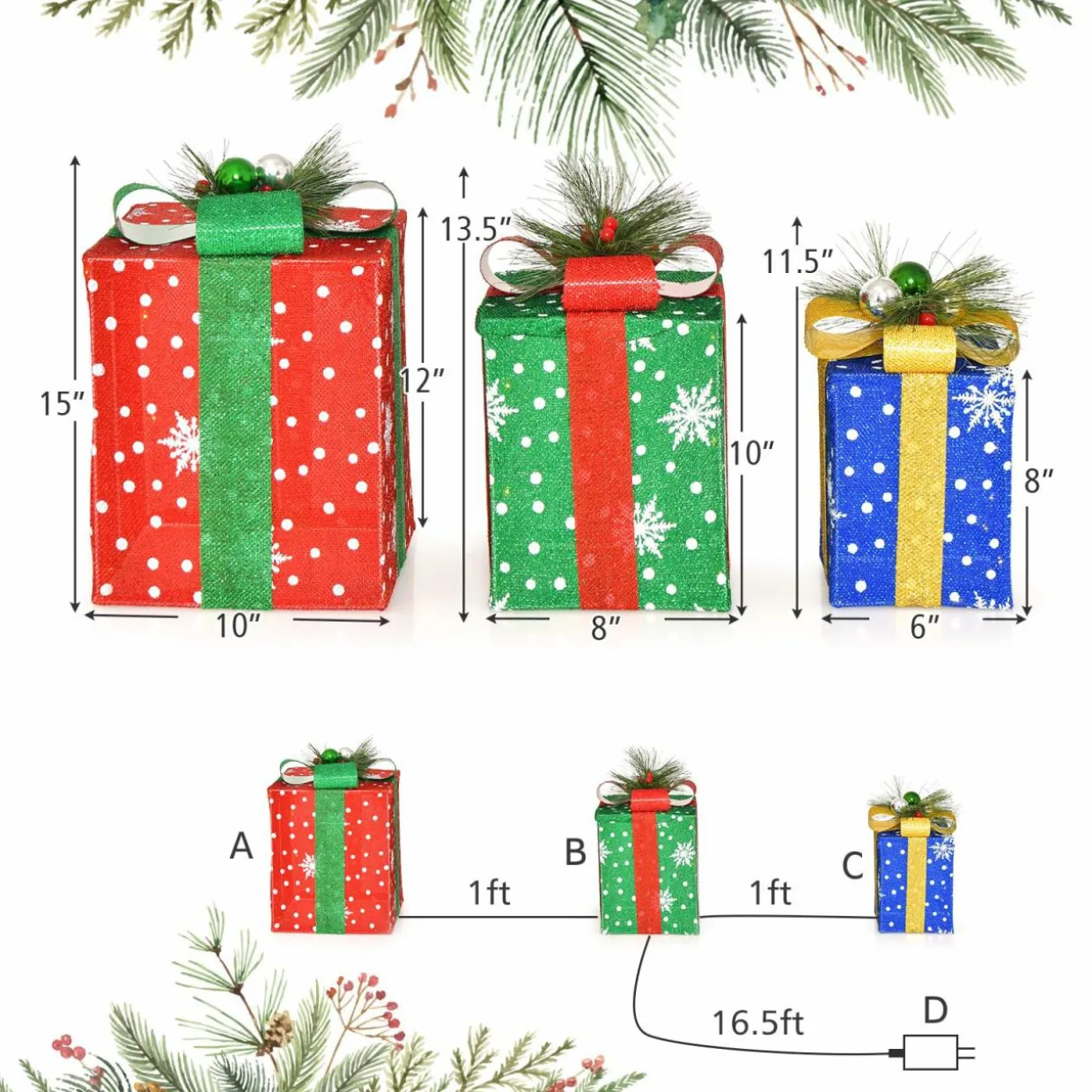 Tangkula Set of 3 Lighted Christmas Boxes Decoration, Lighted Present Boxes Set with Exquisite Boxes