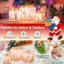 Tangkula Set of 3 Lighted Christmas Box, Pre-lit Present Boxes with 100 Warm White Lights