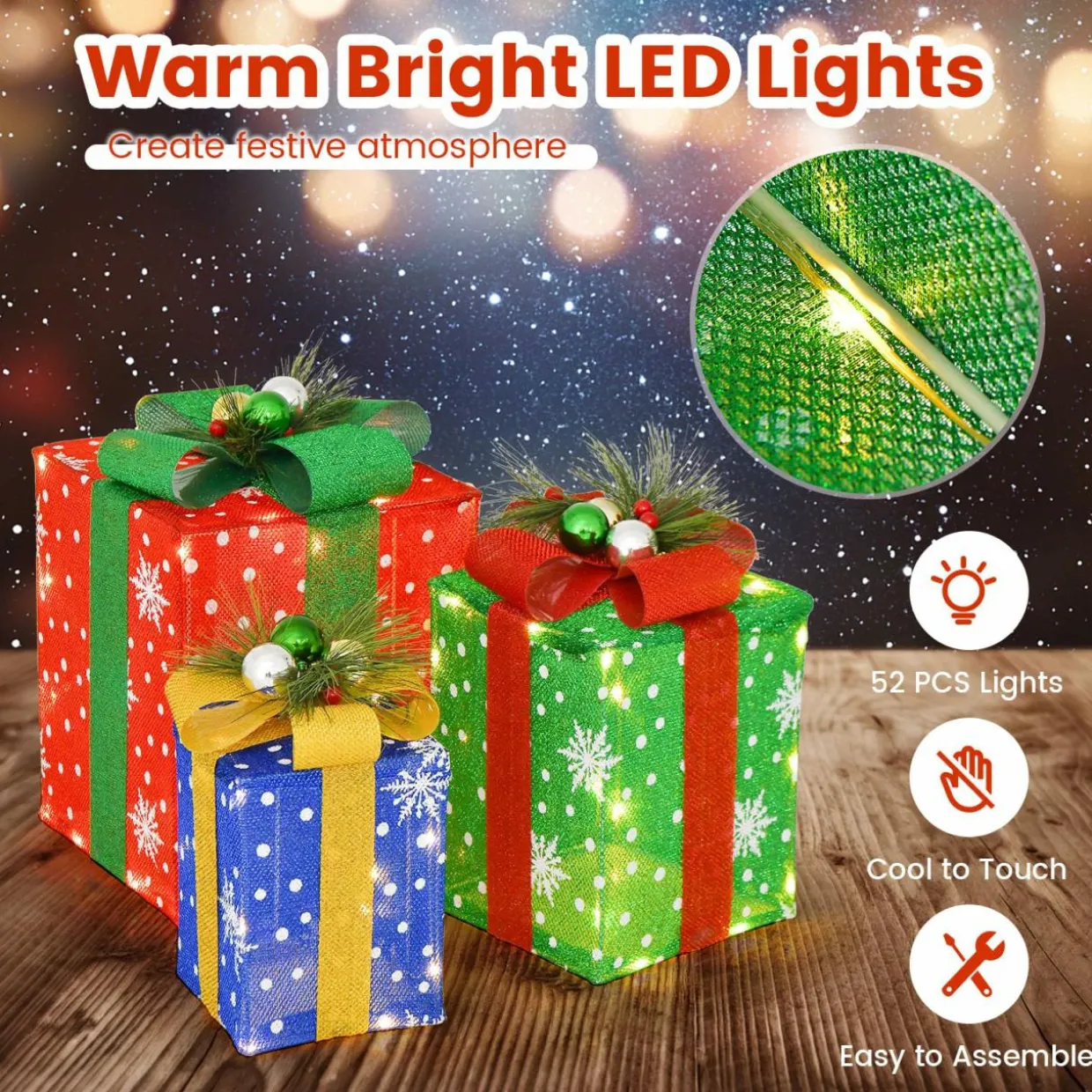Tangkula Set of 3 Lighted Christmas Boxes Decoration, Lighted Present Boxes Set with Exquisite Boxes