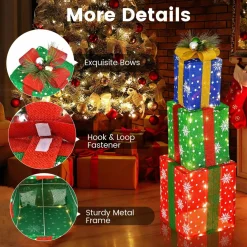 Tangkula Set of 3 Lighted Christmas Boxes Decoration, Lighted Present Boxes Set with Exquisite Boxes