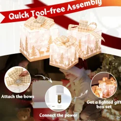 Tangkula Set of 3 Lighted Christmas Box, Pre-lit Present Boxes with 100 Warm White Lights