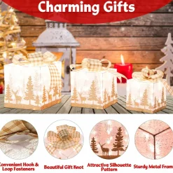 Tangkula Set of 3 Lighted Christmas Box, Pre-lit Present Boxes with 100 Warm White Lights