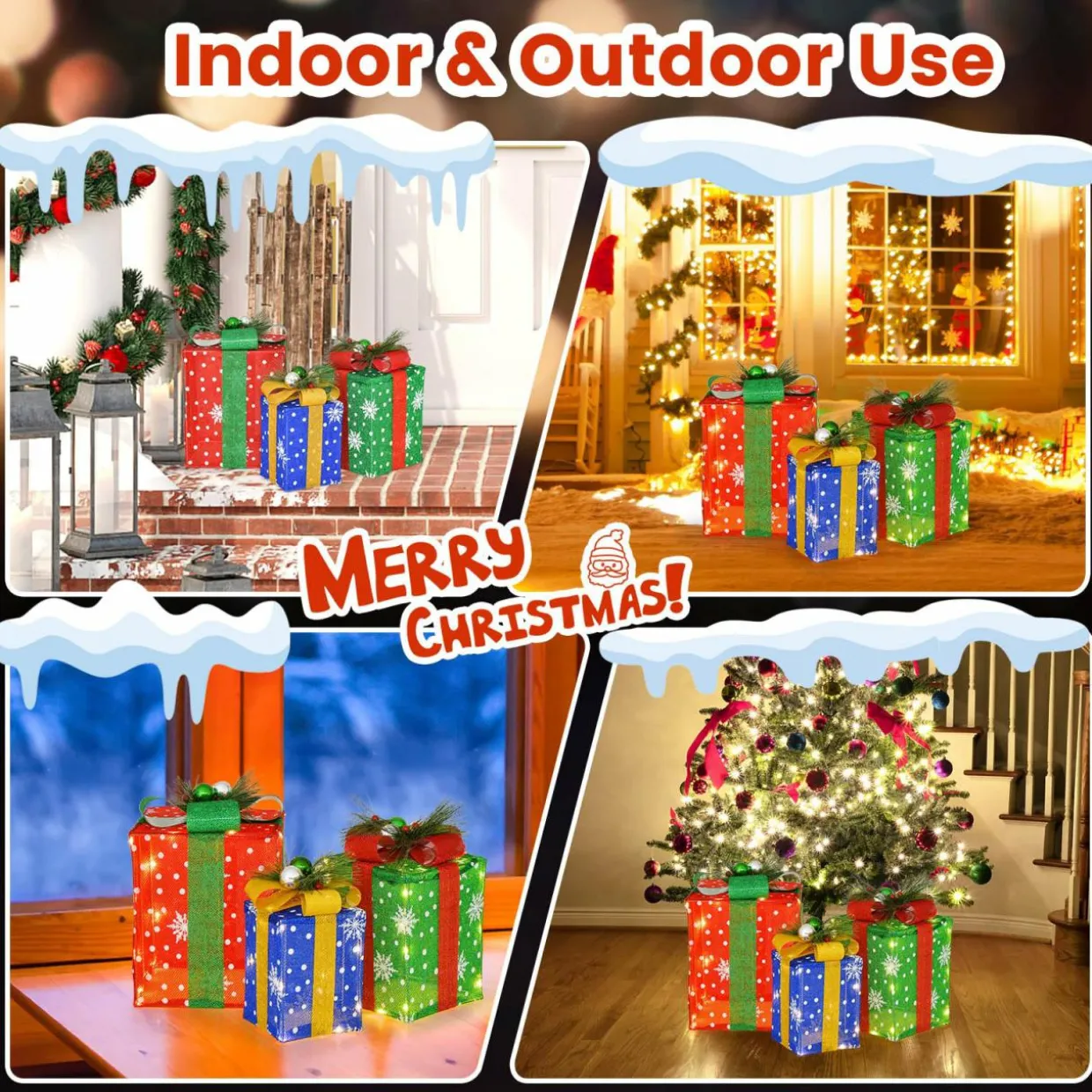 Tangkula Set of 3 Lighted Christmas Boxes Decoration, Lighted Present Boxes Set with Exquisite Boxes