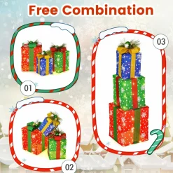 Tangkula Set of 3 Lighted Christmas Boxes Decoration, Lighted Present Boxes Set with Exquisite Boxes