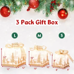 Tangkula Set of 3 Lighted Christmas Box, Pre-lit Present Boxes with 100 Warm White Lights
