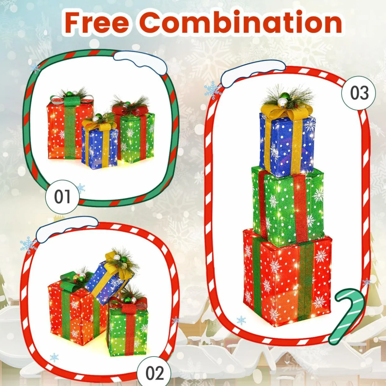 Tangkula Set of 3 Lighted Christmas Boxes Decoration, Lighted Present Boxes Set with Exquisite Boxes