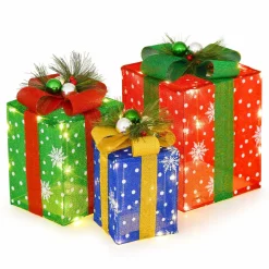 Tangkula Set of 3 Lighted Christmas Boxes Decoration, Lighted Present Boxes Set with Exquisite Boxes