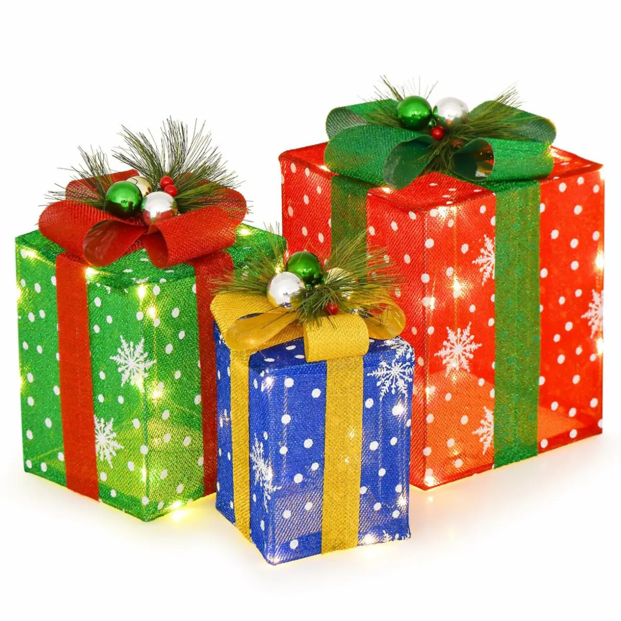 Tangkula Set of 3 Lighted Christmas Boxes Decoration, Lighted Present Boxes Set with Exquisite Boxes