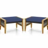 Tangkula Set of 2 Outdoor Ottomans, Patio Acacia Wood Ottomans with Cushions (Navy)