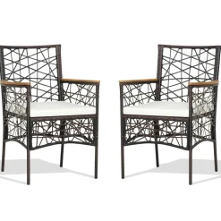 Tangkula Set of 2 Outdoor Dining Chairs, Patio Bistro Chairs with Acacia Wood Armrests and Soft Cushions