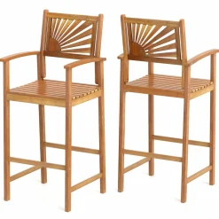 Tangkula Set of 2/4 Outdoor Acacia Wood Bar Stools, Bar Height Patio Chairs with Backrests
