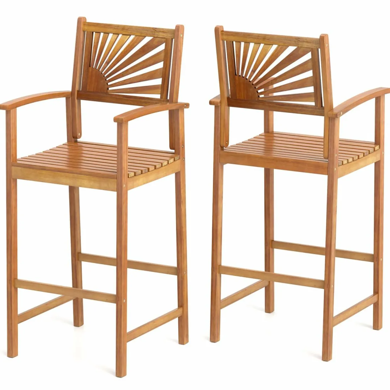 Tangkula Set of 2/4 Outdoor Acacia Wood Bar Stools, Bar Height Patio Chairs with Backrests