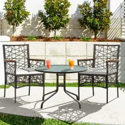 Tangkula Set of 2 Outdoor Dining Chairs, Patio Bistro Chairs with Acacia Wood Armrests and Soft Cushions