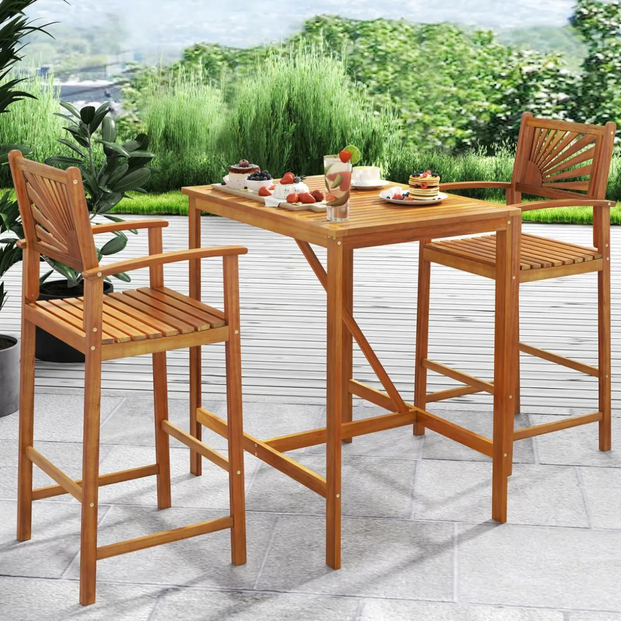Tangkula Set of 2/4 Outdoor Acacia Wood Bar Stools, Bar Height Patio Chairs with Backrests