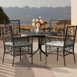 Tangkula Set of 2 Outdoor Dining Chairs, Patio Bistro Chairs with Acacia Wood Armrests and Soft Cushions