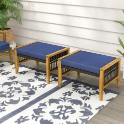 Tangkula Set of 2 Outdoor Ottomans, Patio Acacia Wood Ottomans with Cushions (Navy)