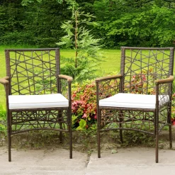 Tangkula Set of 2 Outdoor Dining Chairs, Patio Bistro Chairs with Acacia Wood Armrests and Soft Cushions