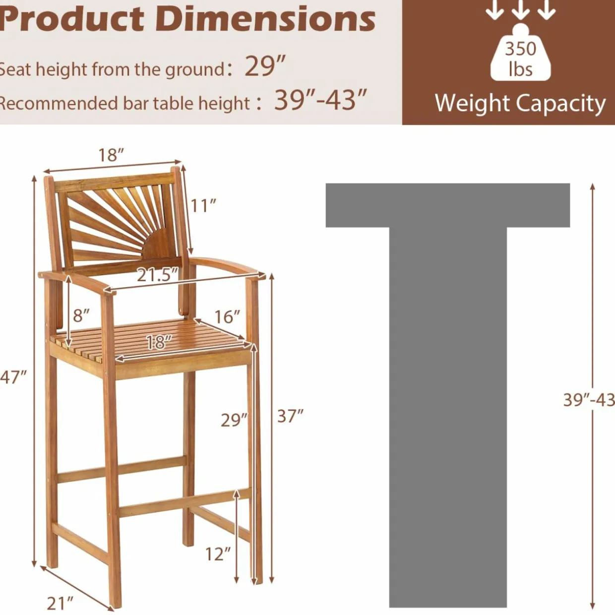 Tangkula Set of 2/4 Outdoor Acacia Wood Bar Stools, Bar Height Patio Chairs with Backrests