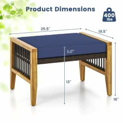 Tangkula Set of 2 Outdoor Ottomans, Patio Acacia Wood Ottomans with Cushions (Navy)