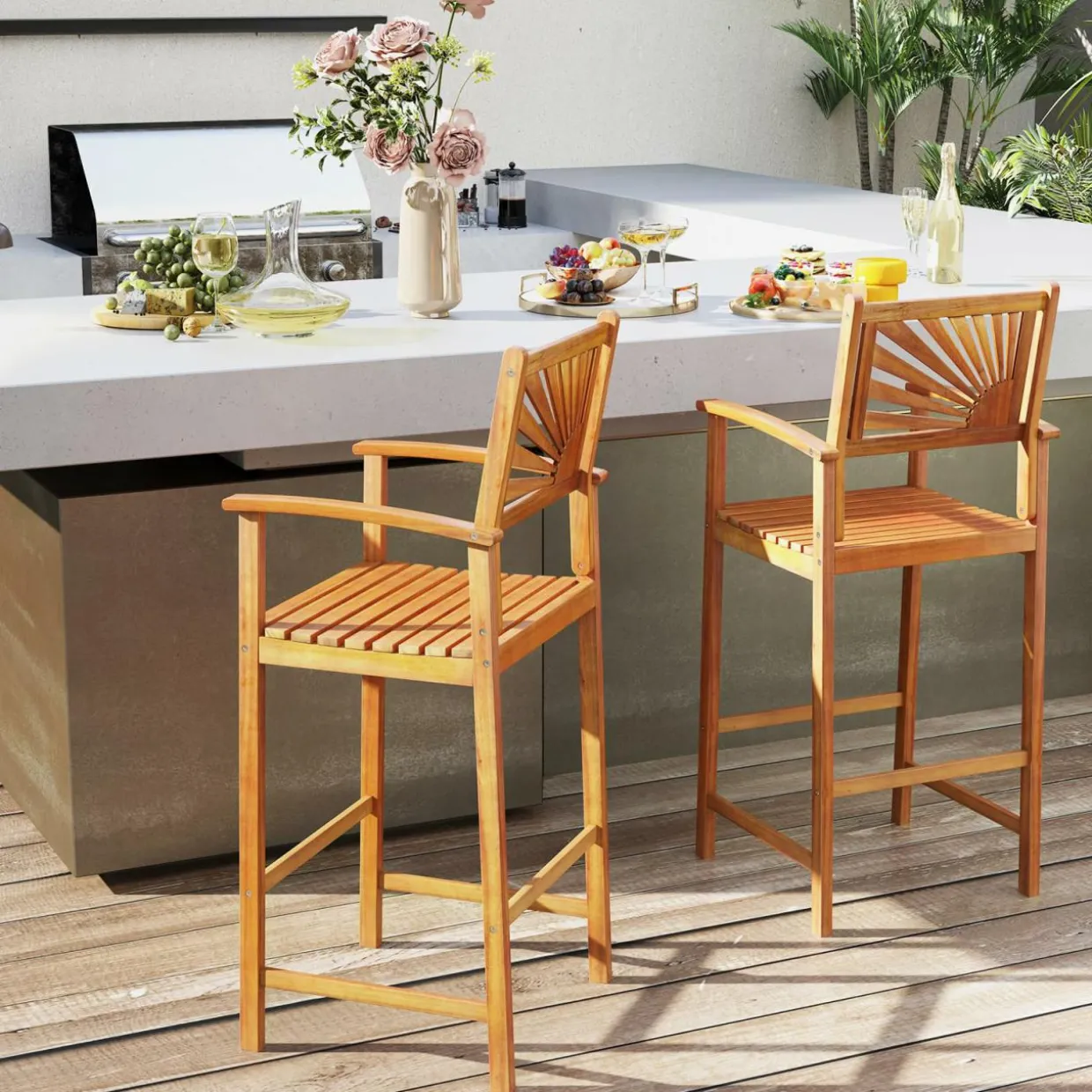 Tangkula Set of 2/4 Outdoor Acacia Wood Bar Stools, Bar Height Patio Chairs with Backrests